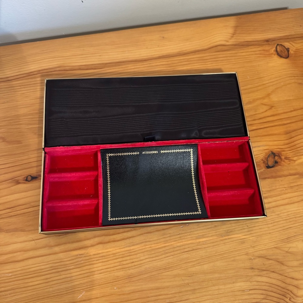 Vintage Black Leather Jewelry Box Red Velvet Lining Long Narrow
